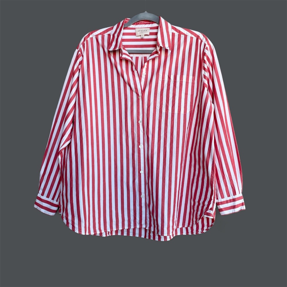 Sezane Coral and White Striped Button-Down Shirt - Picture 5 of 16